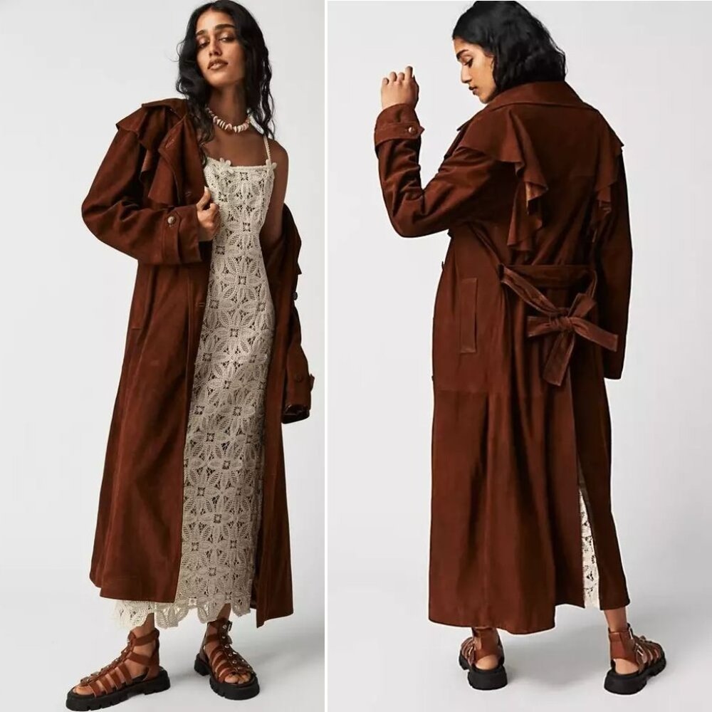 Free People Brenda Knight Nigel Preston Long Trench Coat XL Lambskin Suede NEW